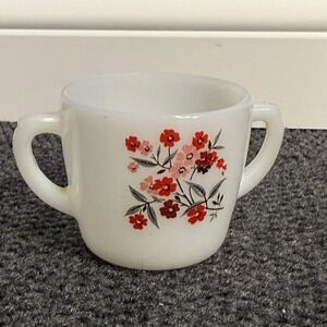 Vintage Fire-King Primrose Milk Glass Sugar Bowl Double Handle Red Pink Floral
